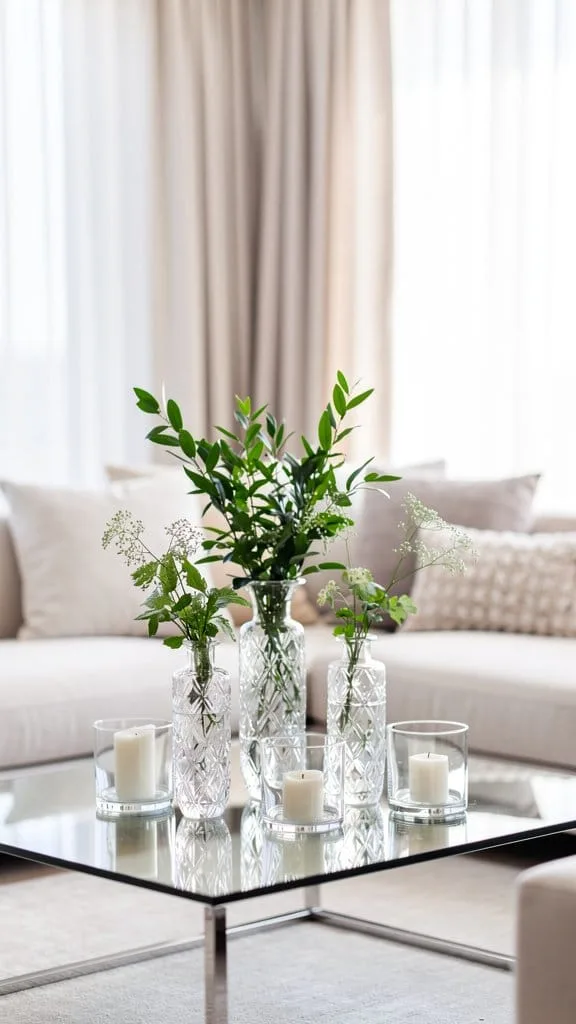 Clear glass vases and candle holders catching summer light