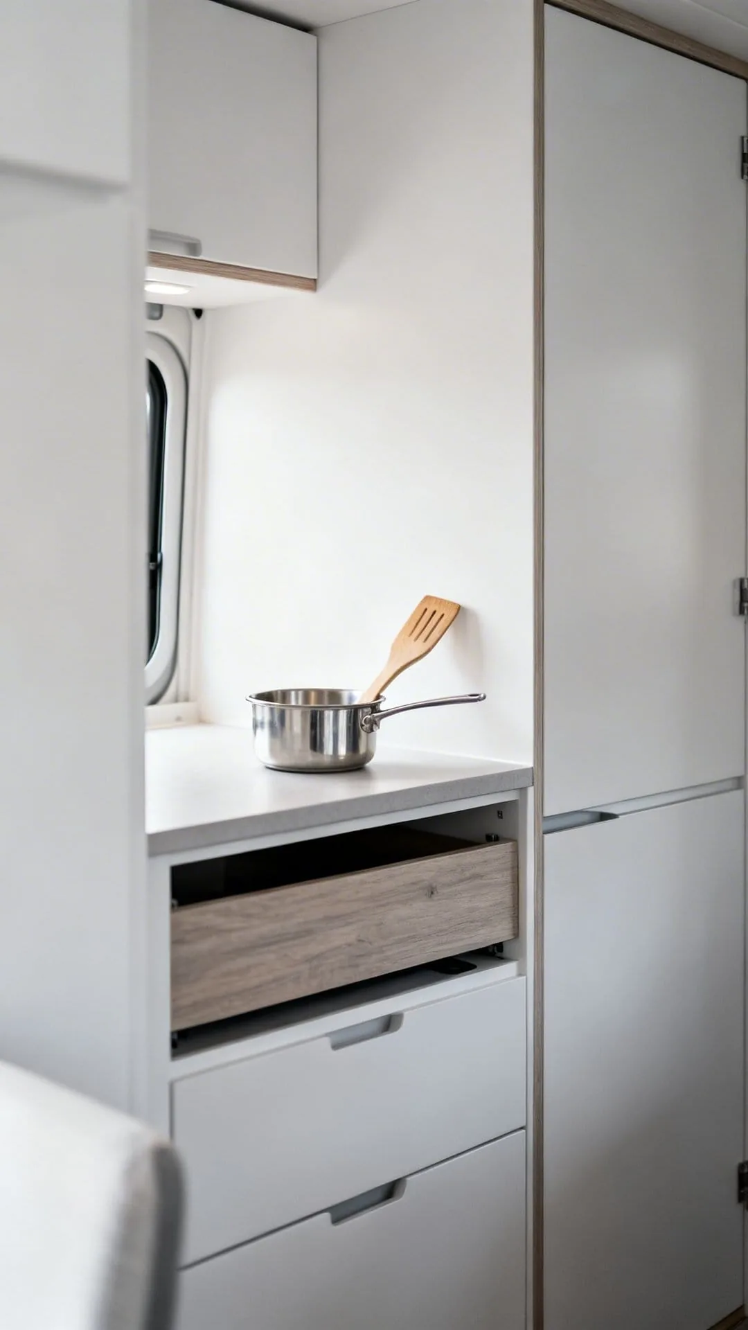 Compact simplified kitchenette in a modern minimalist camper