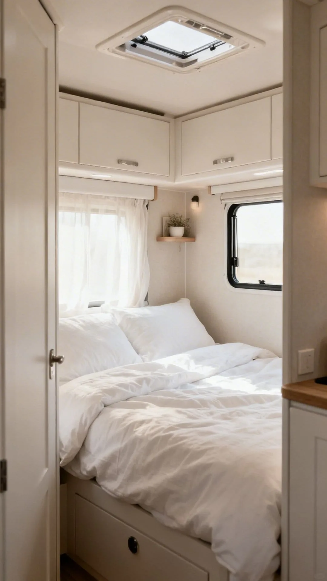 Calm uncluttered sleeping nook with white bedding in a minimalist camper
