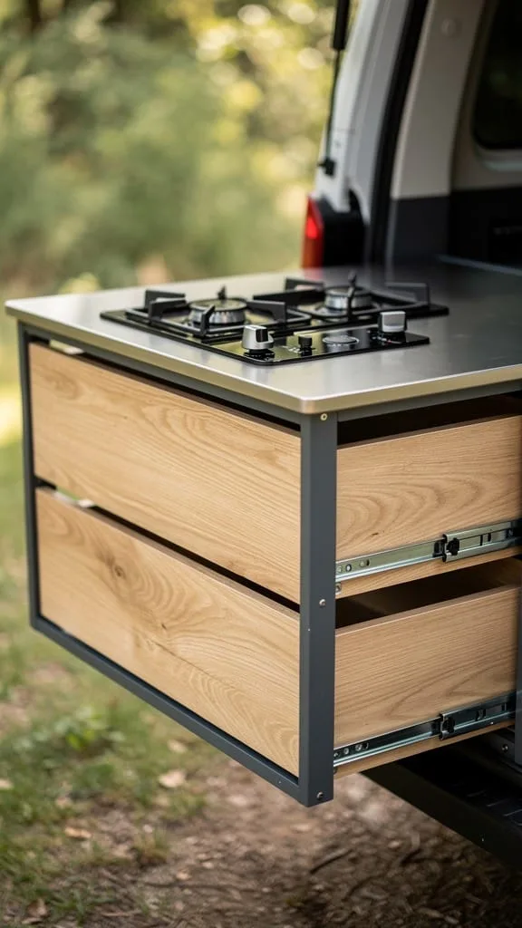 Slide-out kitchenette extending from a compact camper