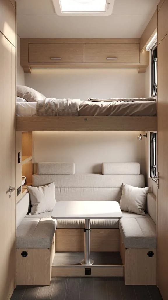 Split-level living zone creating defined rooms in a camper