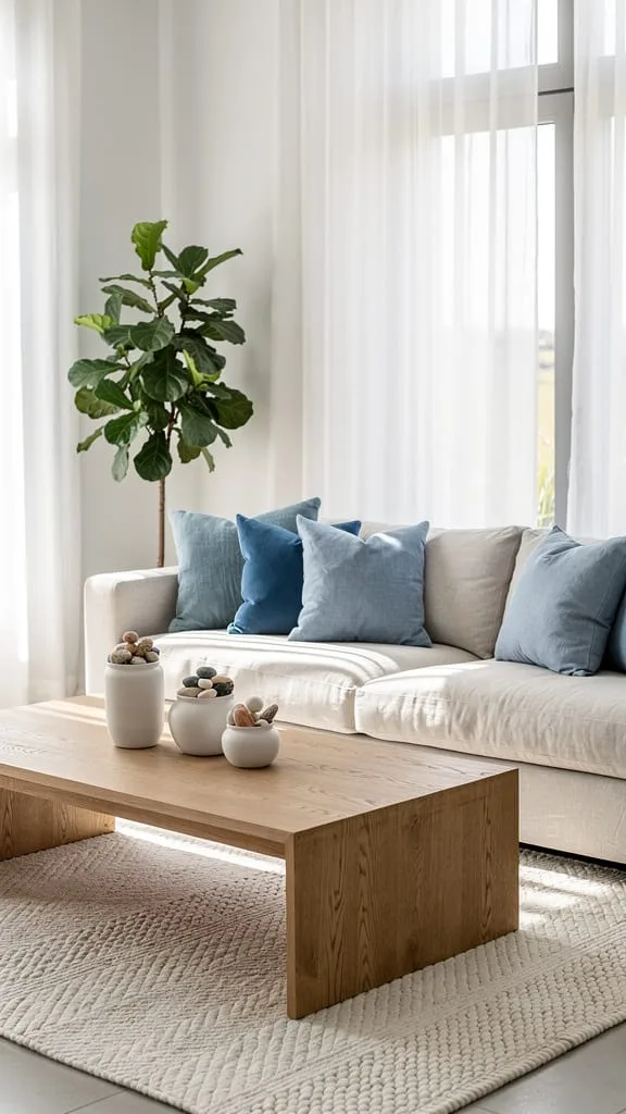 Light, airy summer house living room color palette with whites, creams, and soft blue accents