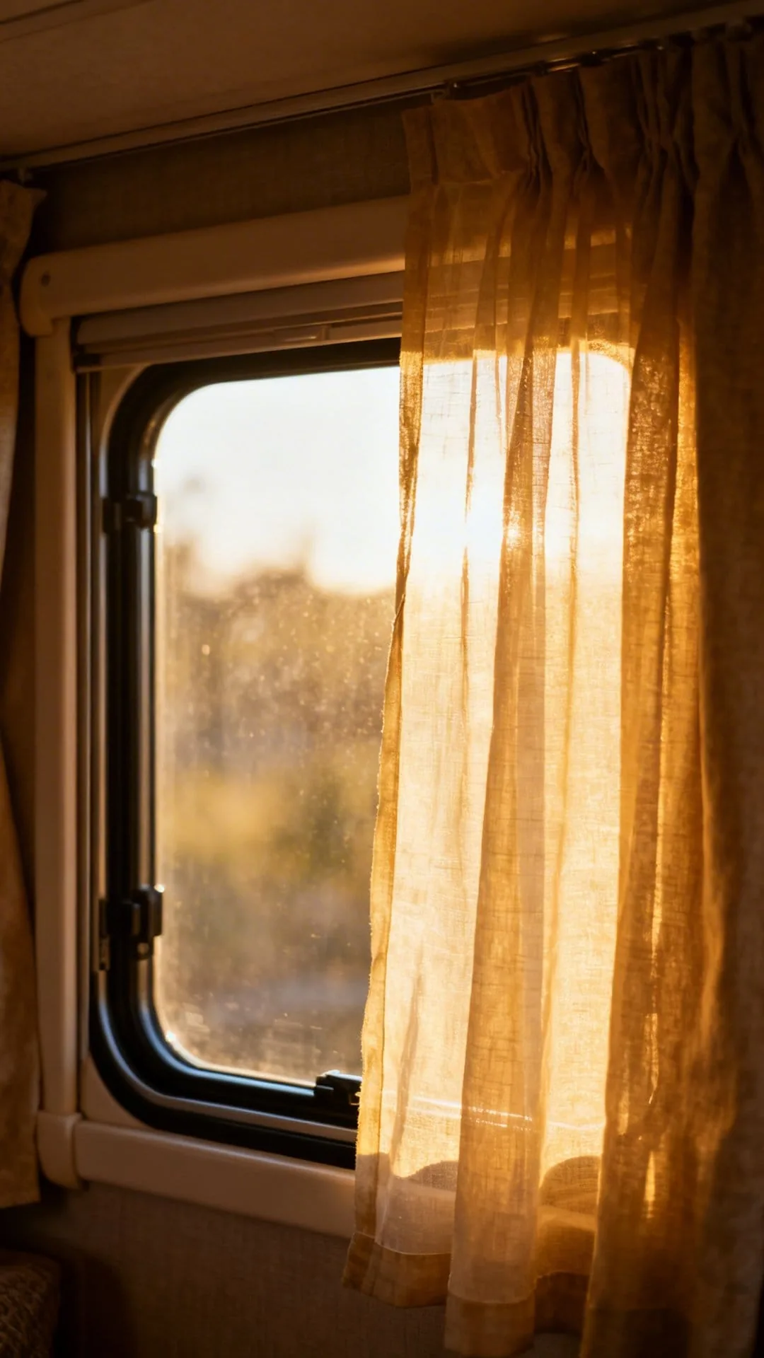 Simple neutral roller shades on camper windows letting in soft light