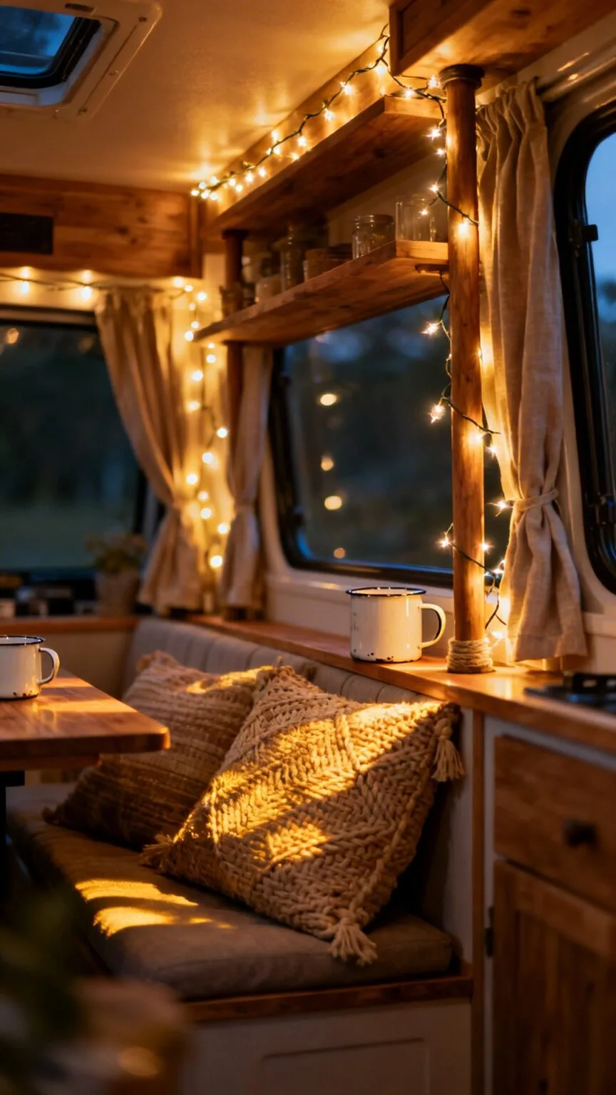 Indoor string lights adding a golden sparkle to a living room corner