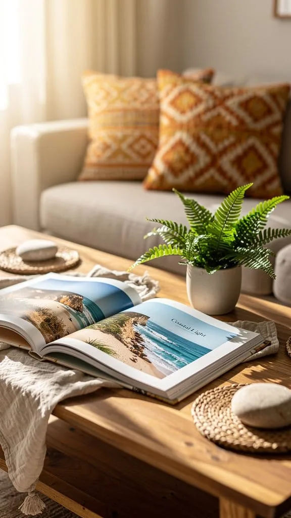 Summer-inspired art books stacked as coffee table decor