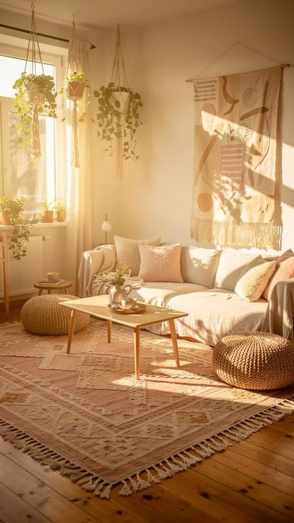 Sun-drenched layered boho living room rug with kilim and cotton