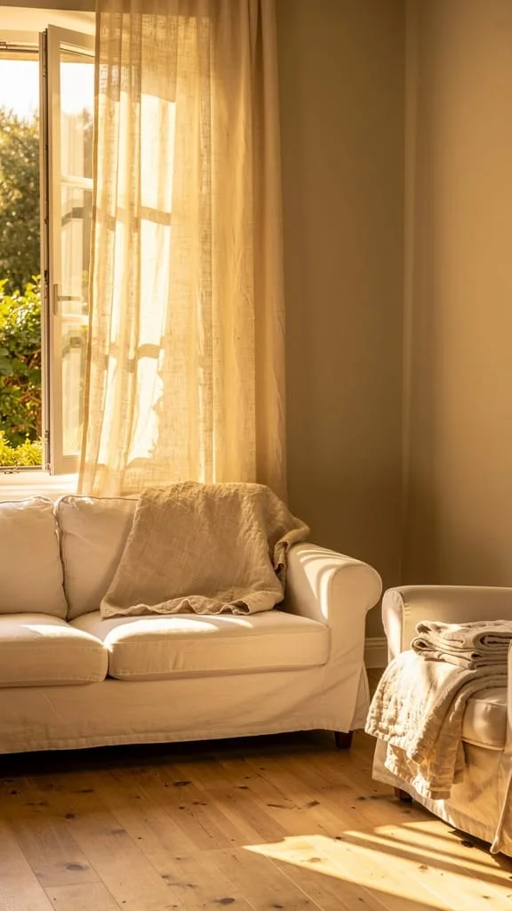 Light airy cotton throw draped over a summer living room sofa