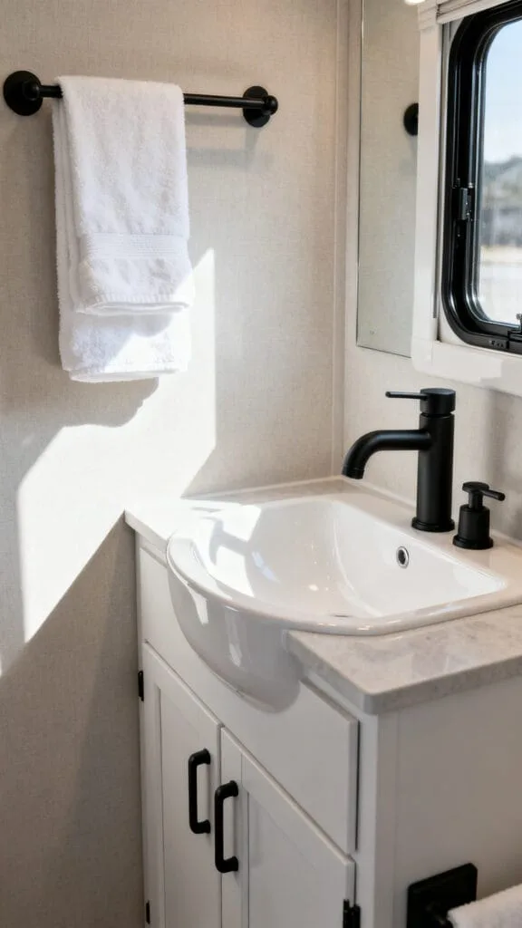 Swap out hardware and fixtures in a camper bathroom