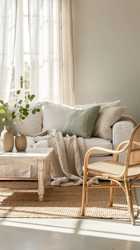 Summer living room design textiles in linen and cotton