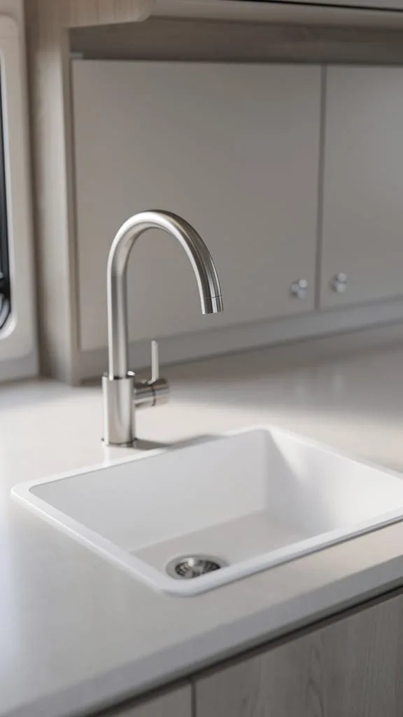 Matte black high-arc faucet in a camper kitchen sink