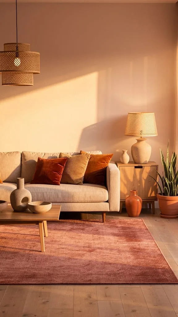 Terracotta toned summer living room rug echoing a summer sunset