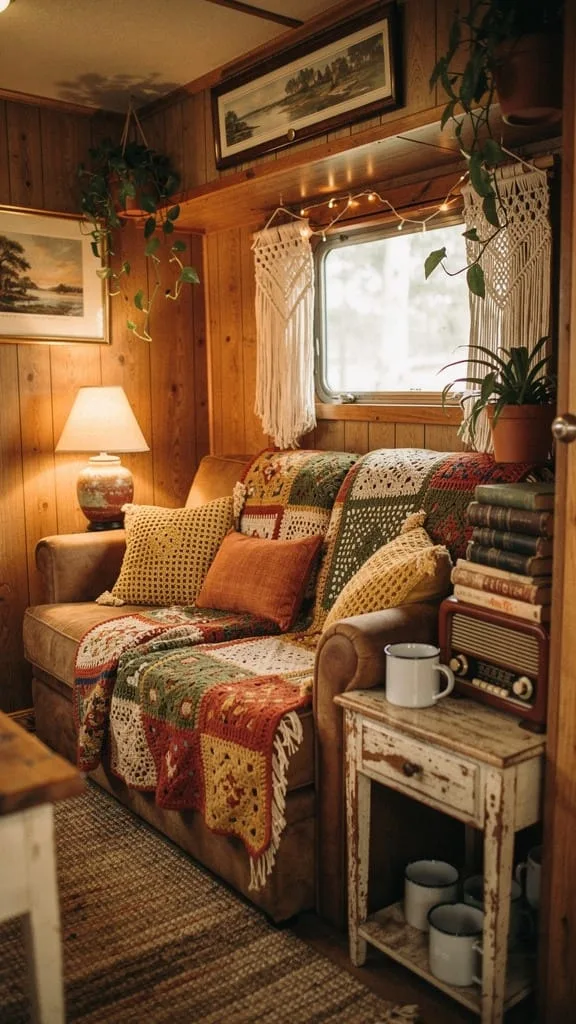Vintage thrifted lamp and textiles styled in a camper