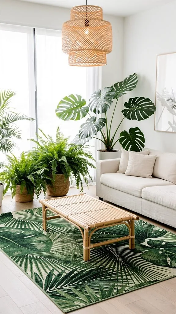 Tropical leaf pattern summer living room rug for a vacation vibe