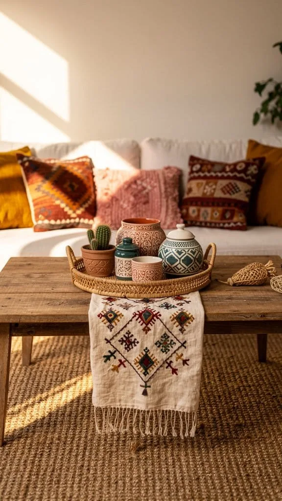 Boho coffee table styling with macramé and mixed patterns