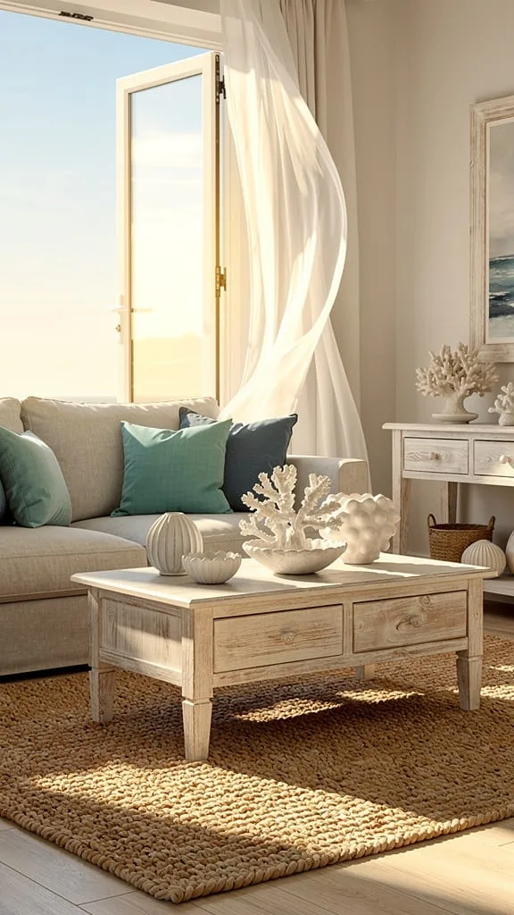 Breezy coastal color palette on the walls of a summer living room