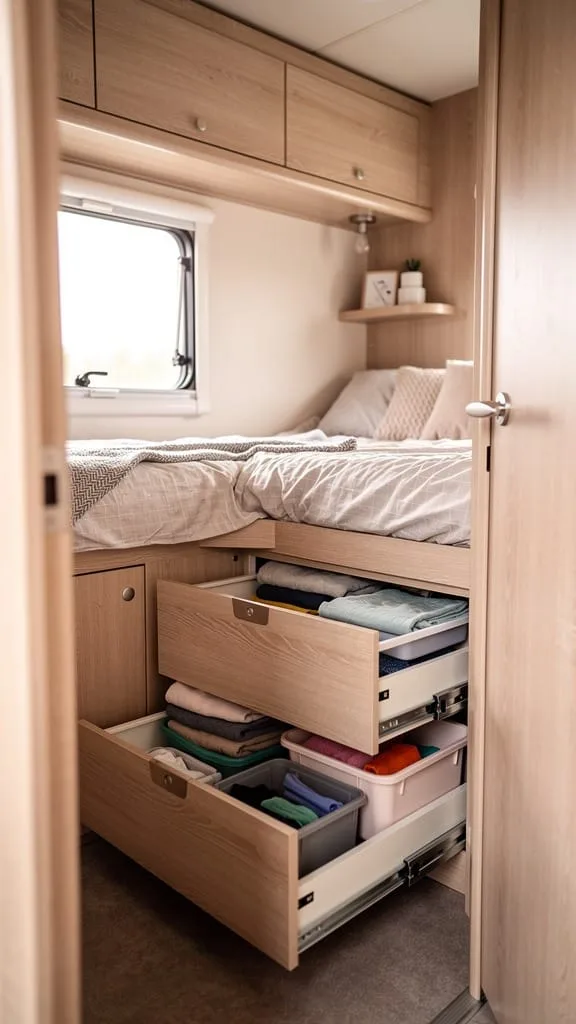 Under-bed storage drawers built into a camper bed platform