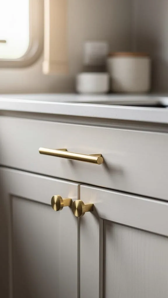 Matte black cabinet knobs on a refreshed camper cabinet