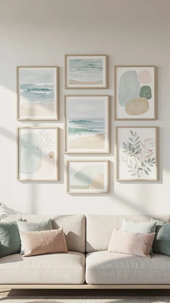 Light watercolor coastal wall art in a summer living room