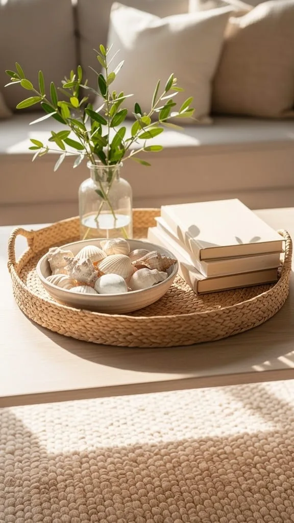 Woven tray with flowers styling a summer coffee table