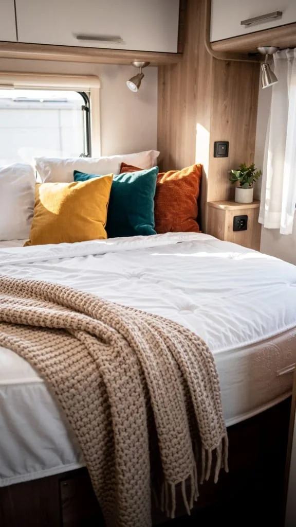 Layered quilts and throw pillows on a cozy camper bed
