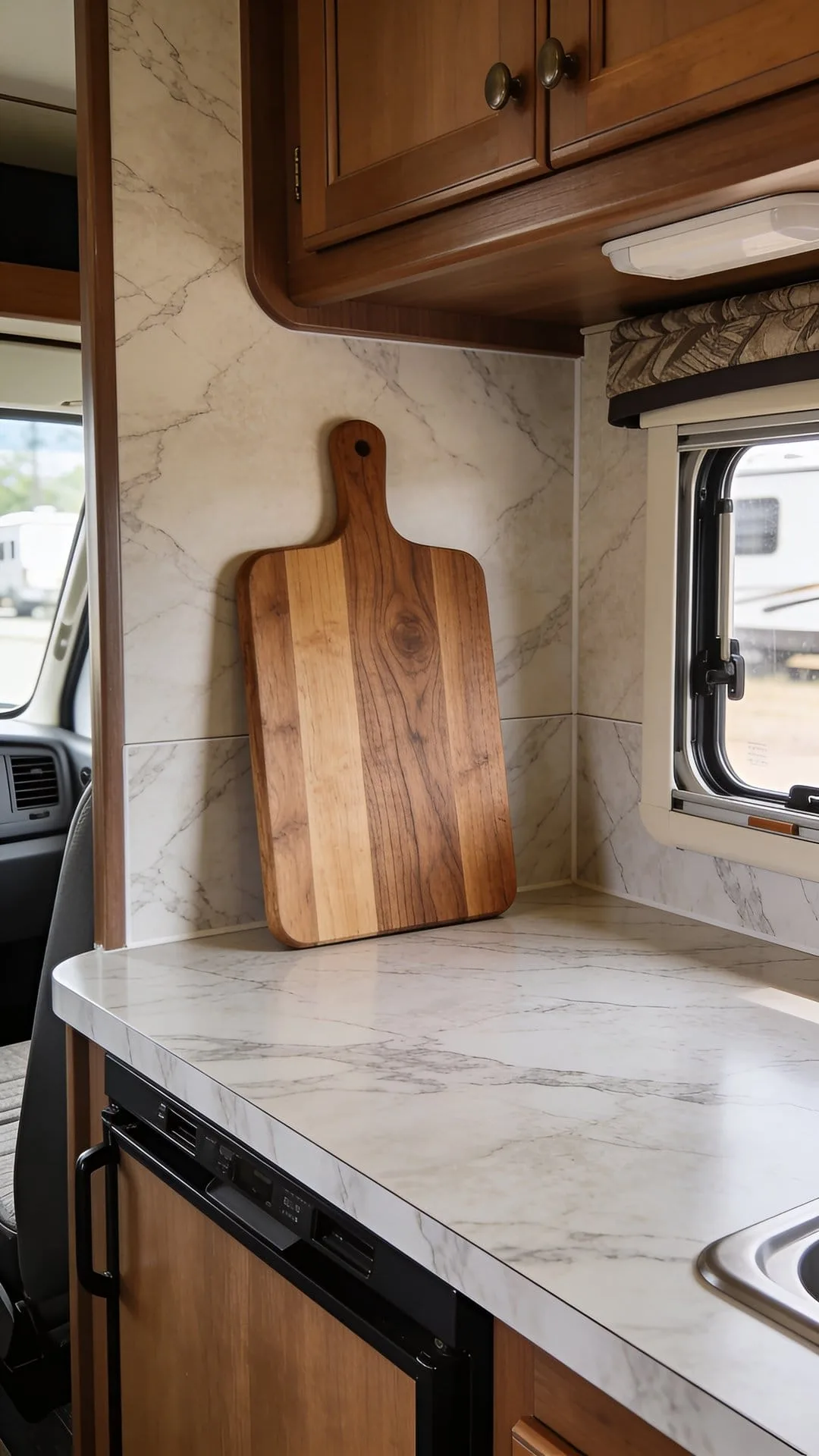peel and stick countertop upgrade idea for camper kitchen renovation
