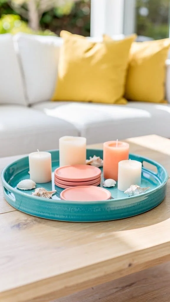 Bright colorful accent tray styled on a summer coffee table