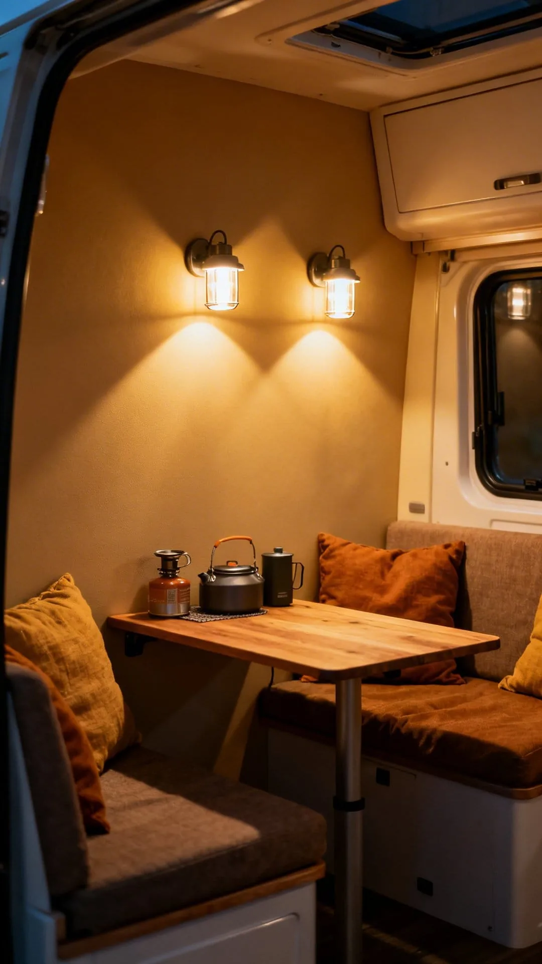 Warm compact lighting under cabinets in a cozy minimalist camper