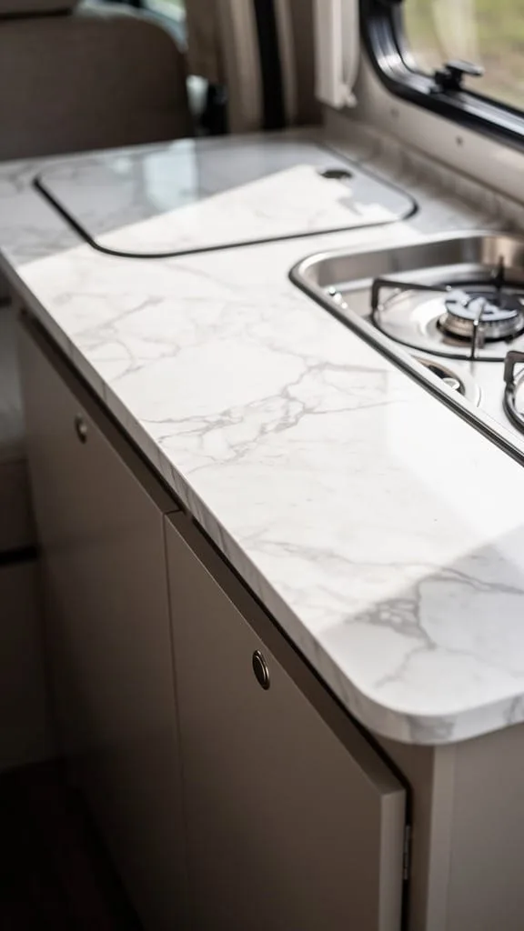 Marble-look contact paper covering a camper countertop