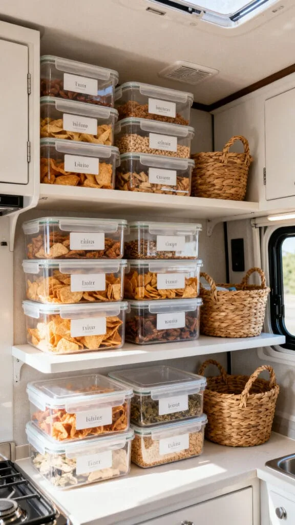 coordinated containers and labels for organized RV kitchen pantry