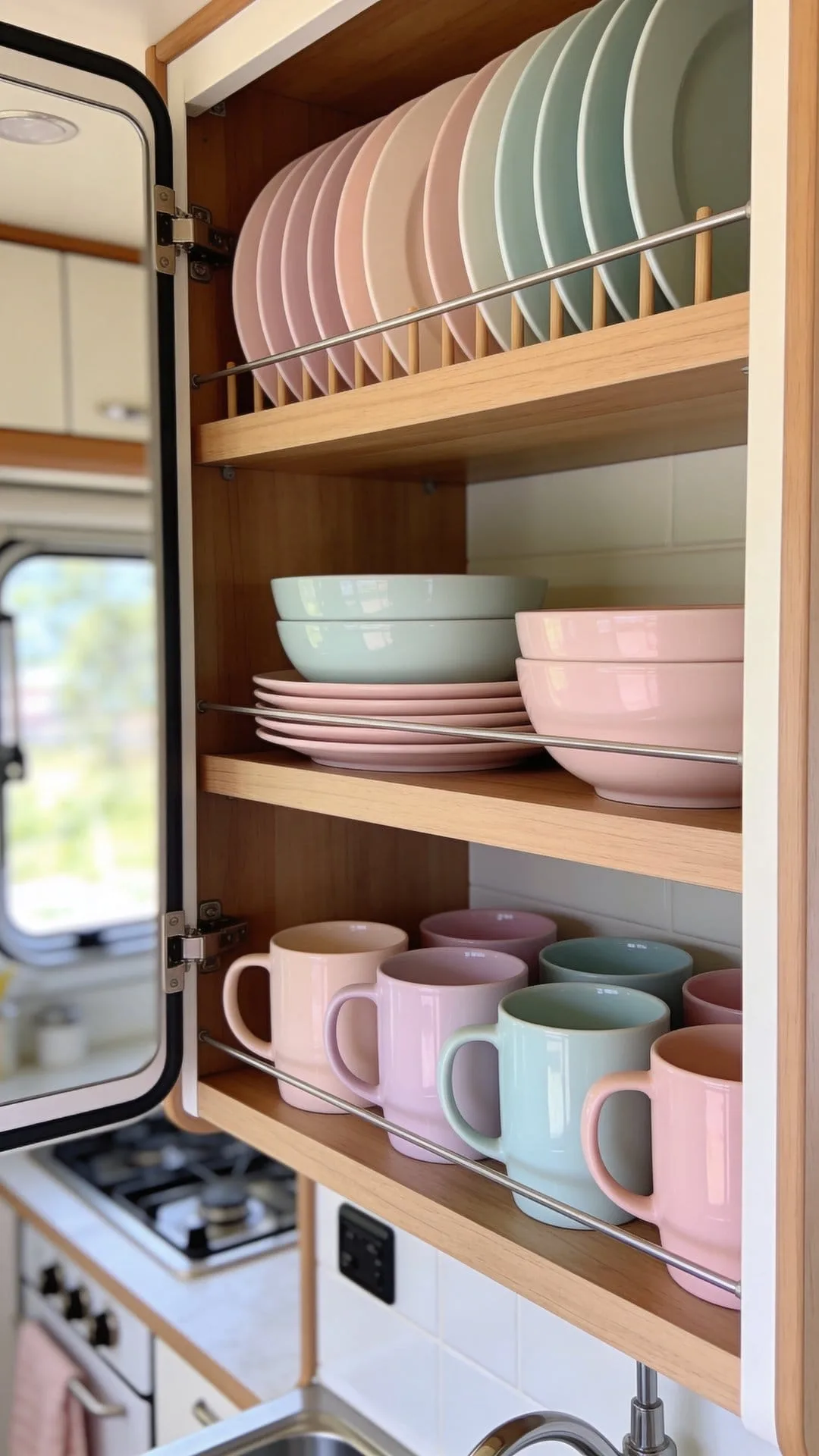 coordinated dishware and accessories for stylish camper kitchen decor