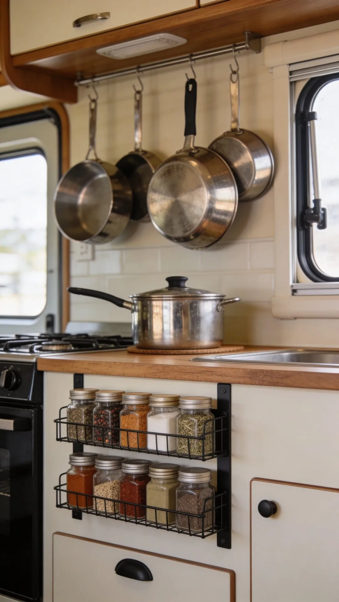 magnetic and vertical storage tricks for small camper kitchen