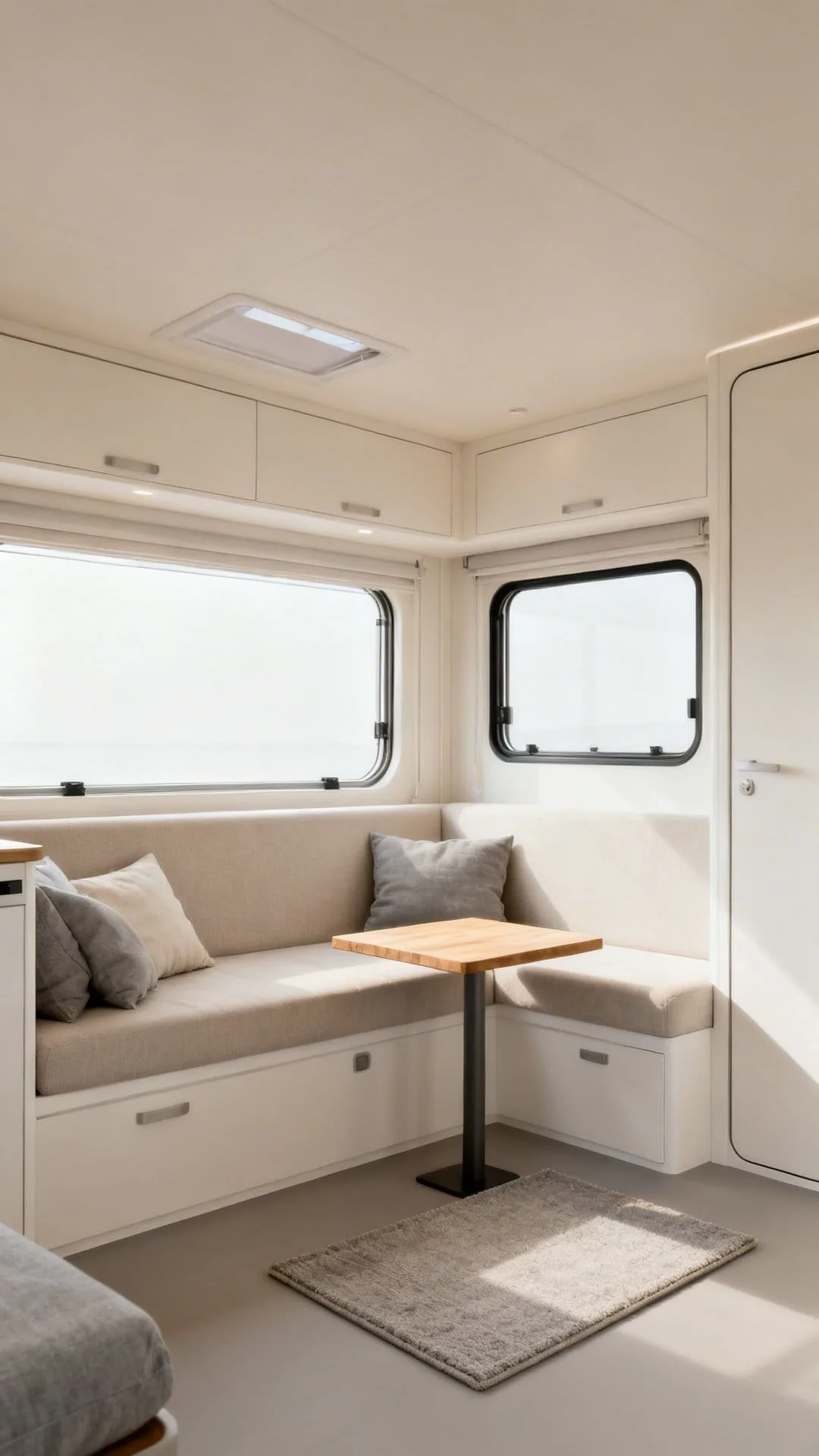 Neutral cohesive color scheme in a modern minimalist camper interior