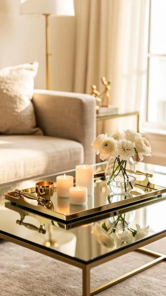 Mirrored tray holding candles and a vase on a coffee table