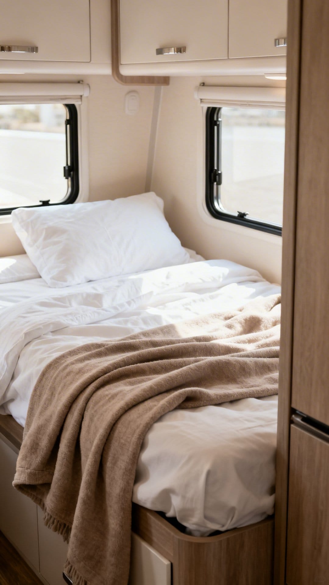 White Bedding with Layers of Cream and Taupe