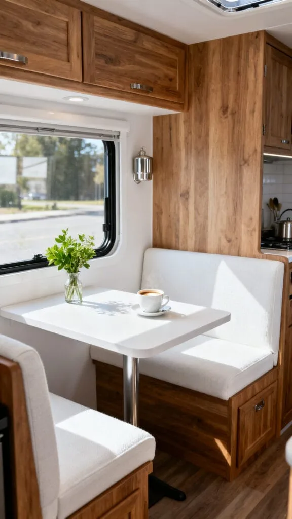 White camper dining nook with bench seating