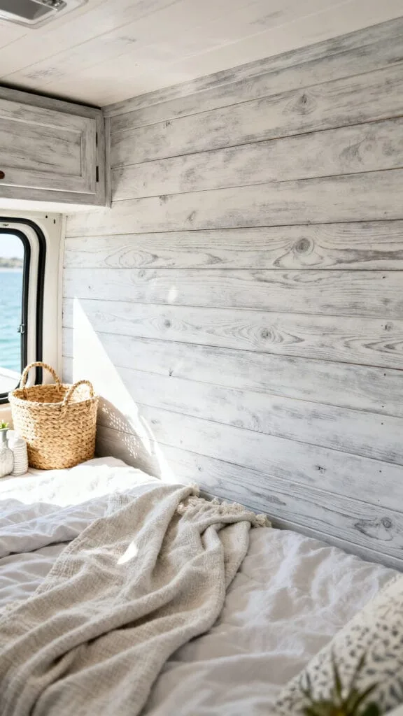 Whitewashed wood paneling in a white camper interior