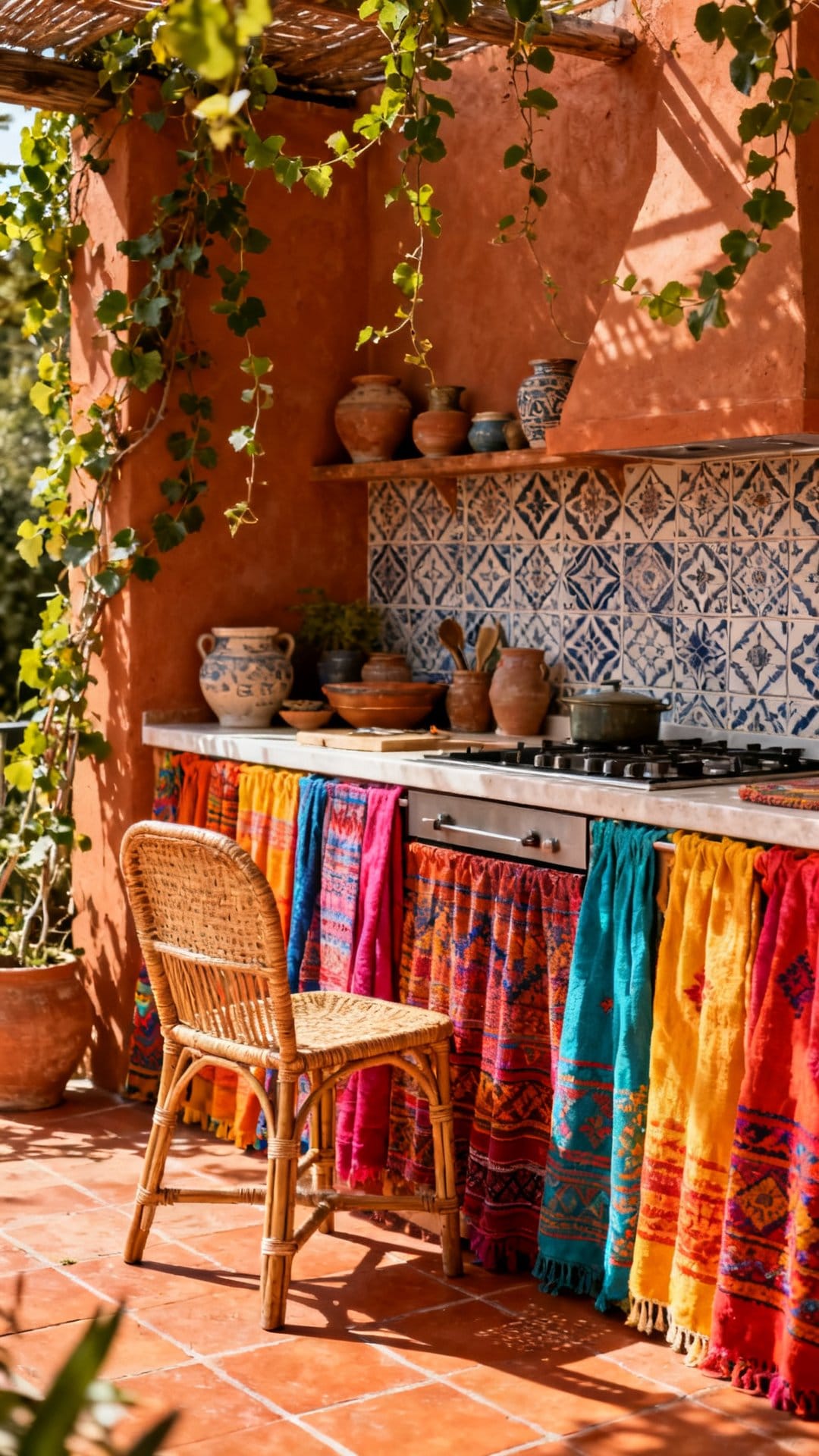 A Boho Outdoor Kitchen with Tile, Terracotta, and Warmth