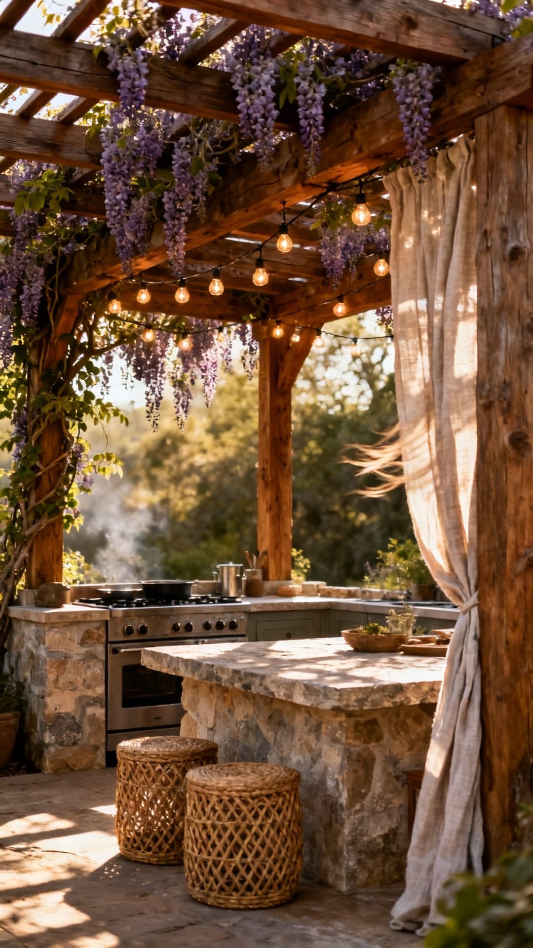A Cozy Pergola-Covered Kitchen for Shade and Style
