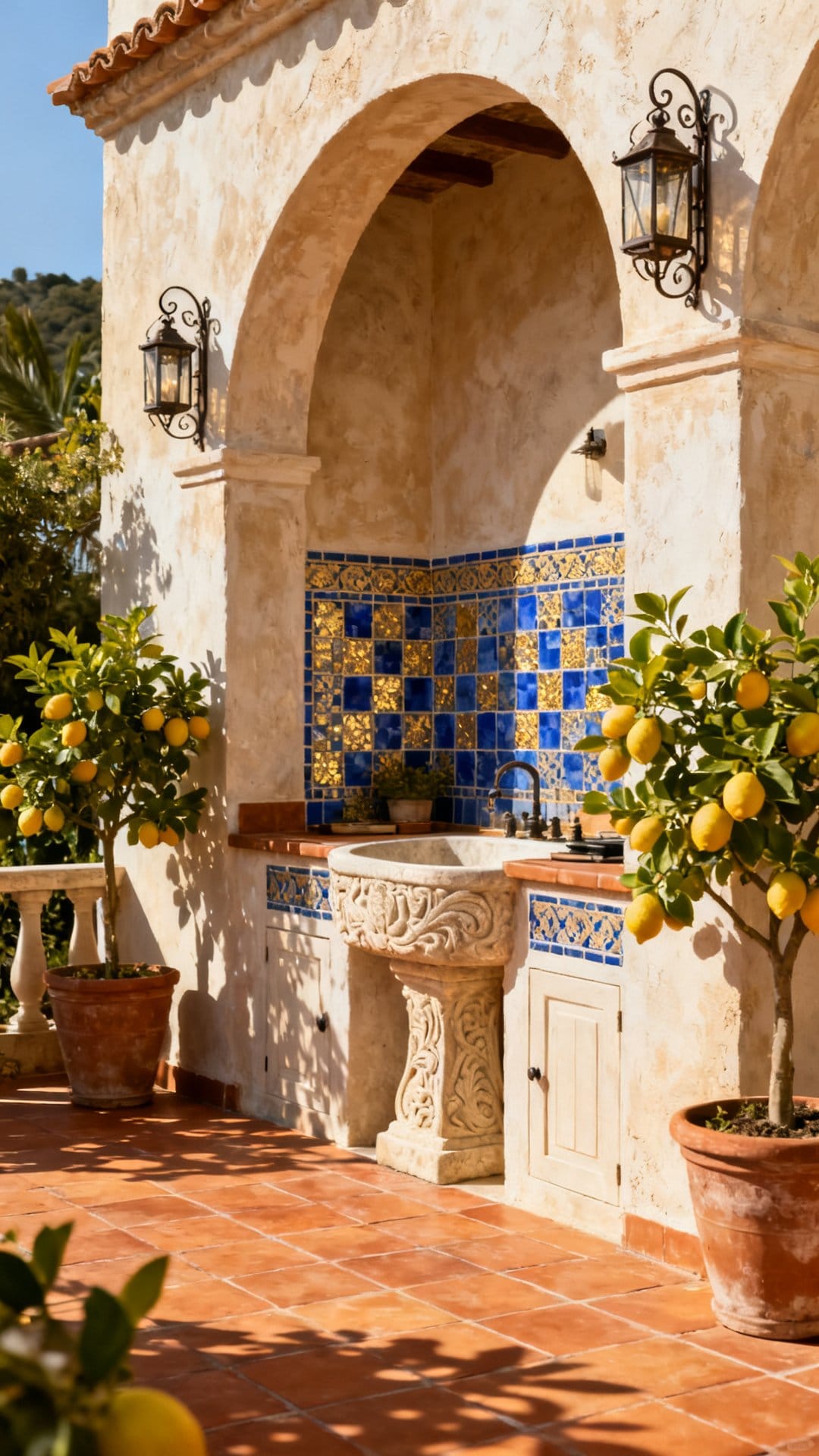 A Mediterranean-Inspired Outdoor Kitchen with Arches and Mosaics