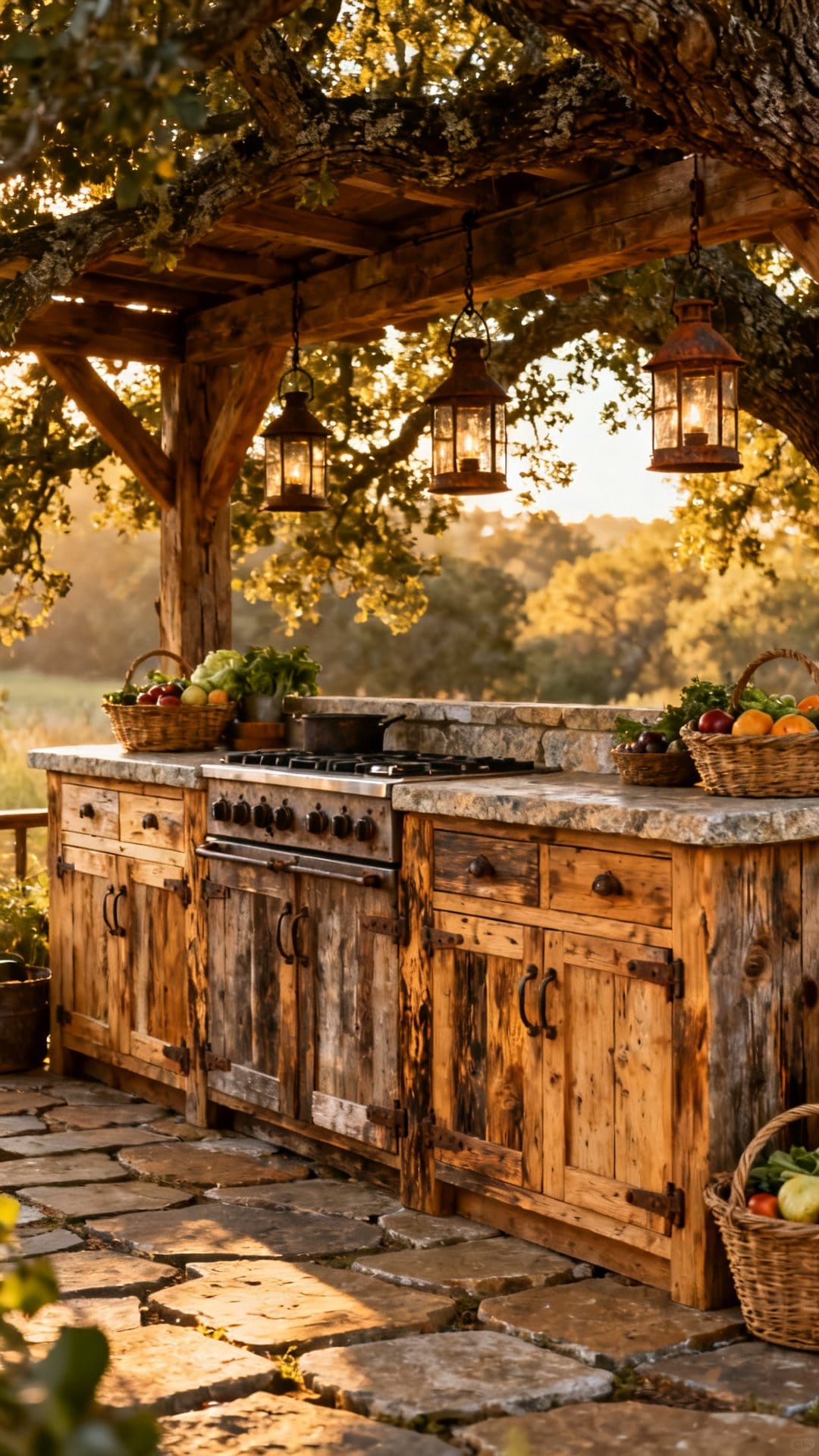 A Rustic Farmhouse Outdoor Kitchen with Reclaimed Wood