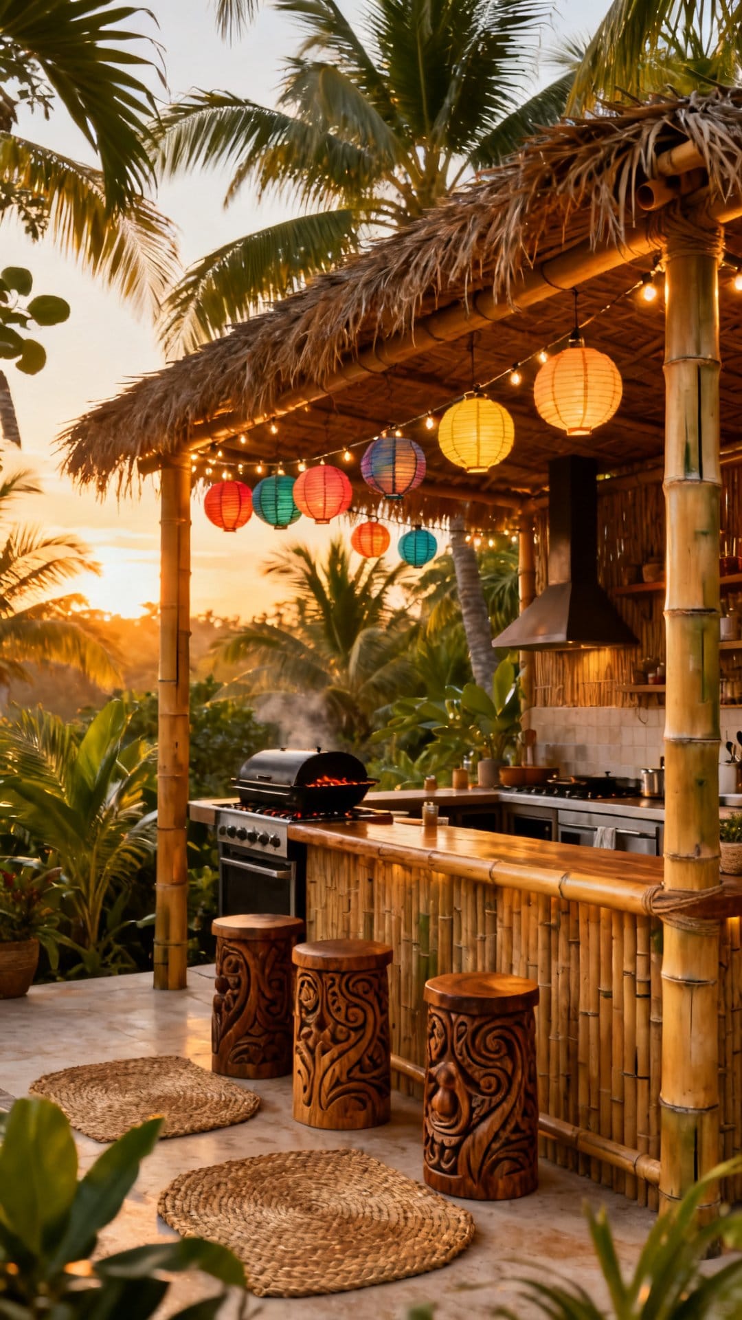 A Tropical Tiki-Inspired Outdoor Kitchen and Bar