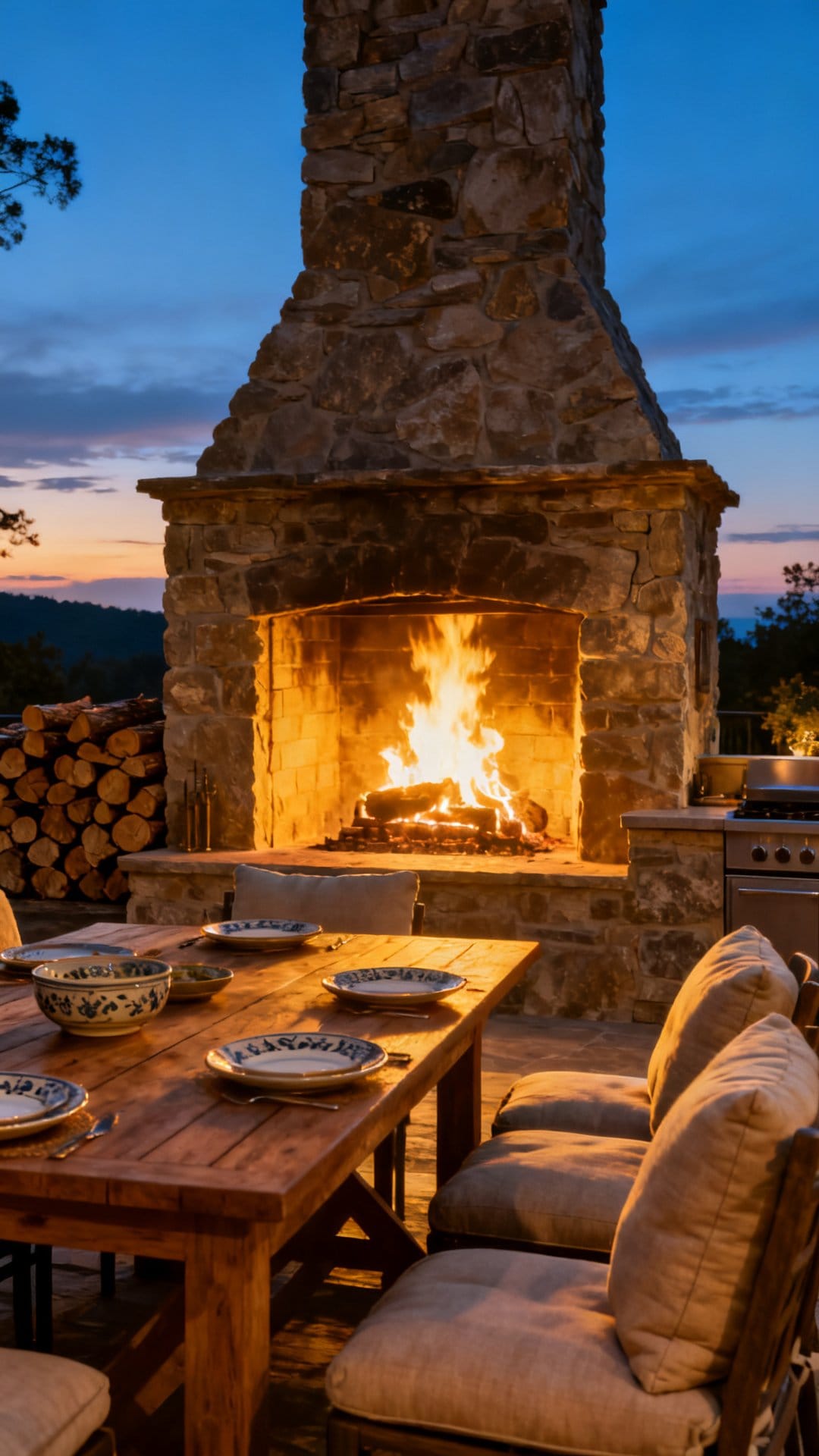 A Warm Entertaining Kitchen with an Outdoor Fireplace Backdrop