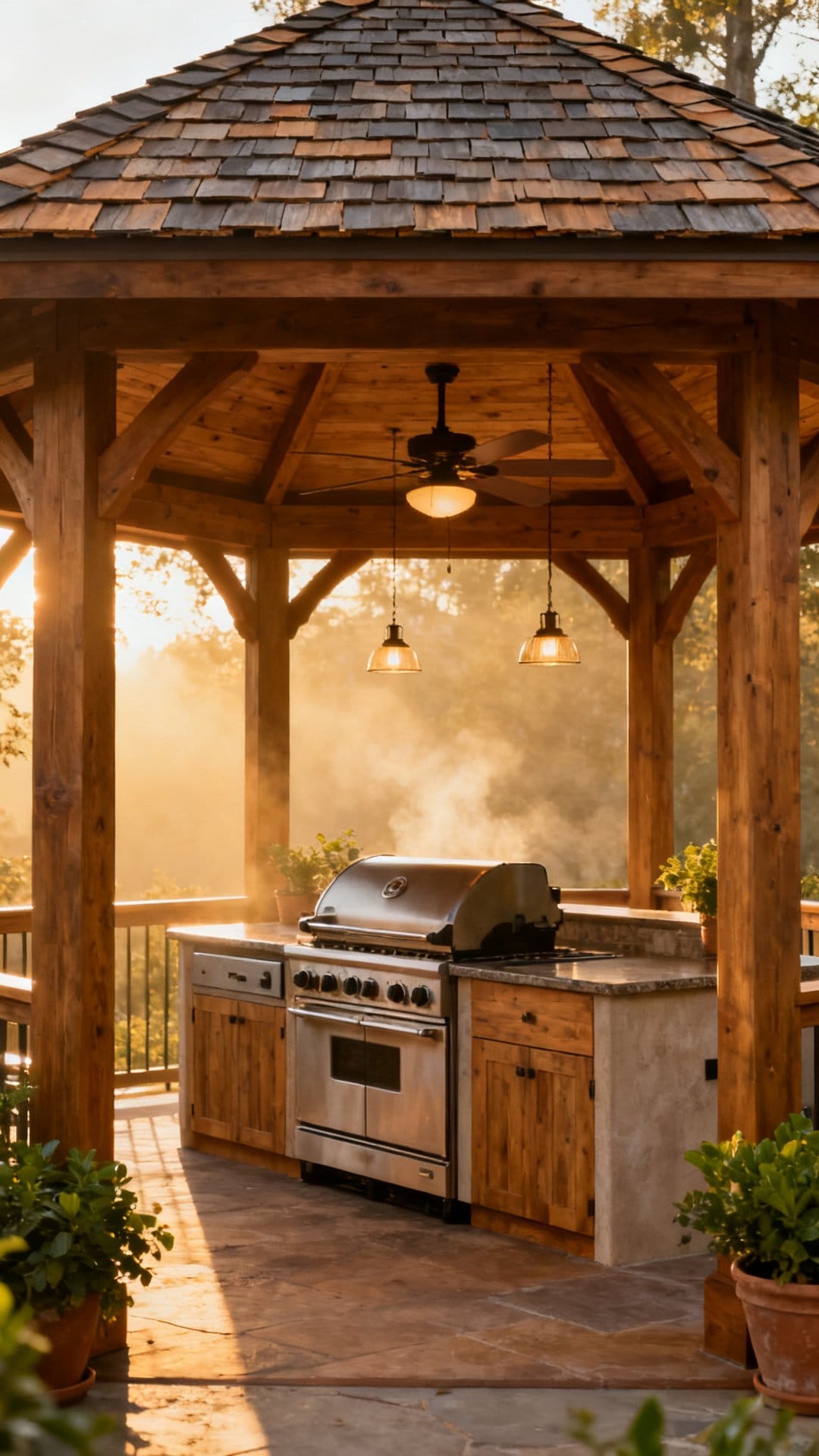 An Outdoor Kitchen with a Covered Roof for Year-Round Use