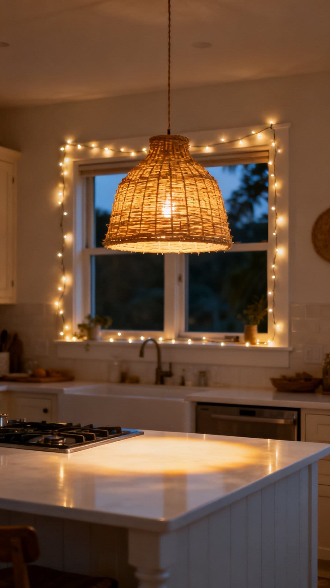 Layer Soft Lighting With String Lights or a Rattan Pendant