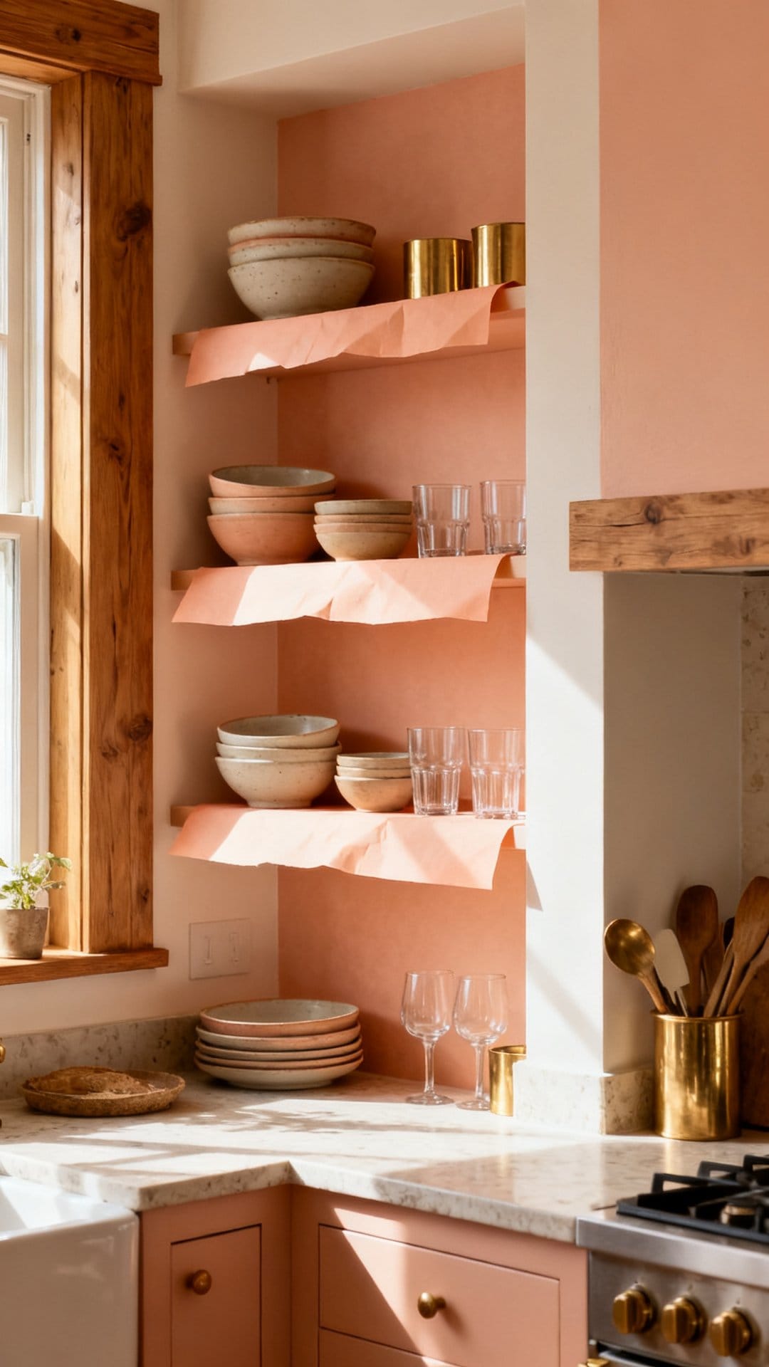 Paint or Line Your Shelves in a Soft, Warm Color