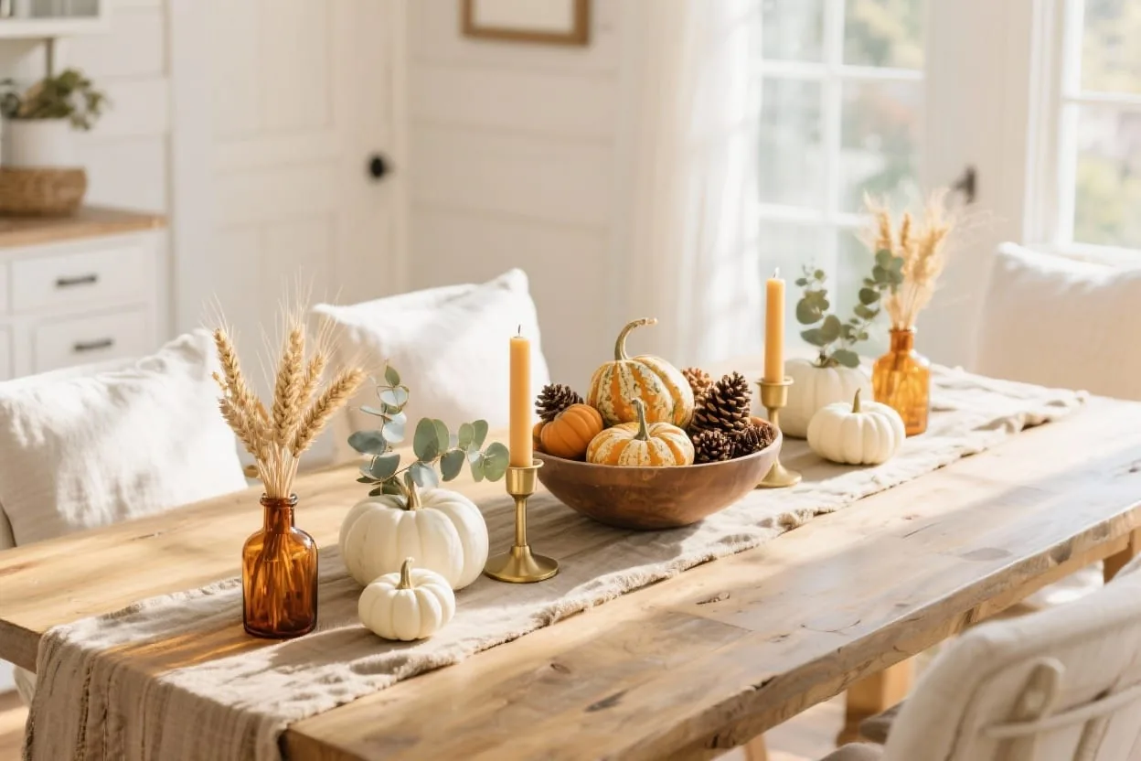 Elegant fall centerpiece on a dining table with a leaf runner, magnolia, eucalyptus, and golden accents for a cozy autumn table setting.