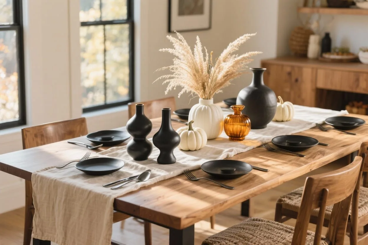 Modern fall table decor with a warm minimalist palette, sculptural centerpiece, candles and brass accents for a stylish autumn table