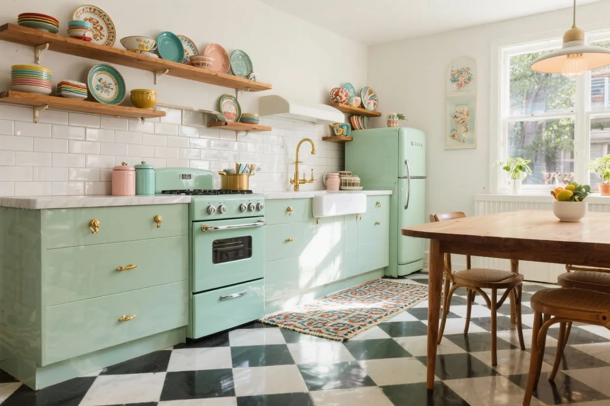 Retro kitchen ideas with bold color, checkerboard floors, pastel appliances and vintage charm