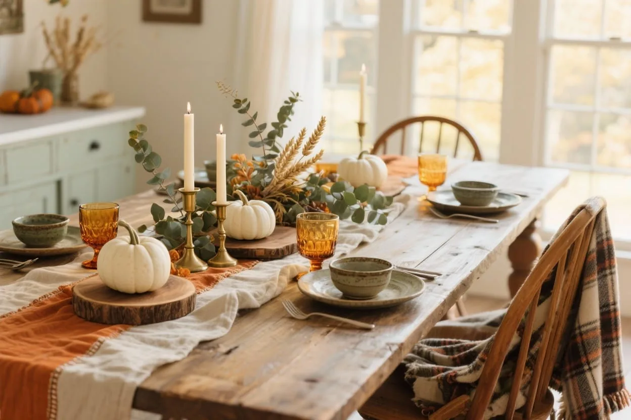 Rustic fall table setting with linen, brass candles, greenery and pumpkins for a cozy autumn look