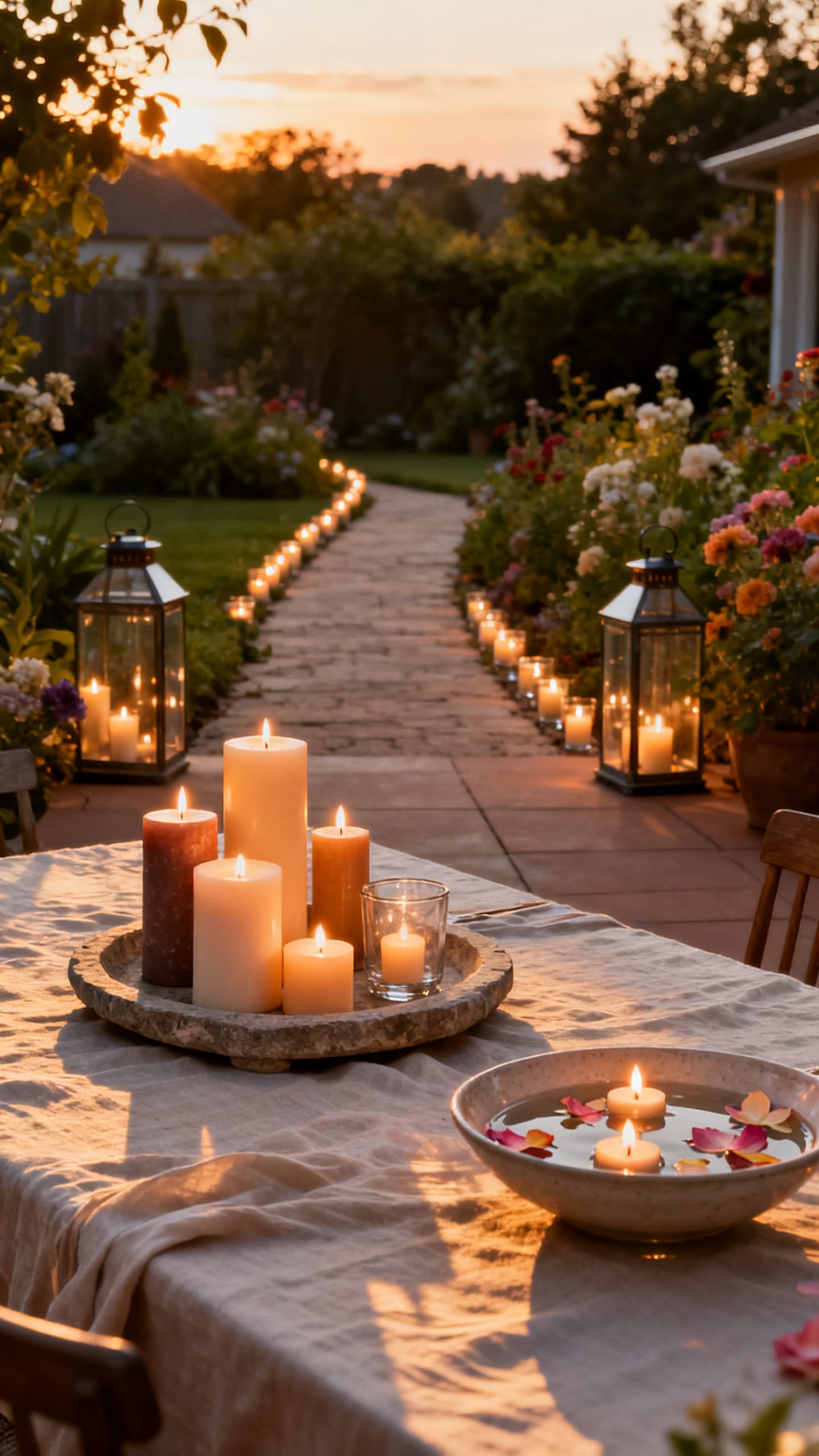 Garden party glowing with candlelight as the sun goes down